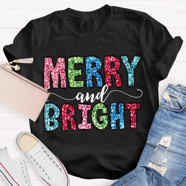 Colorful Festive Christmas Shirt, Merry and Bright Christmas T-Shirt, Retro Holiday Typography Graphic Tee, Adorable Christma