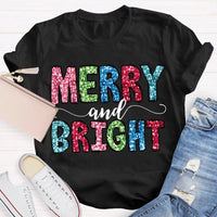 Colorful Festive Christmas Shirt, Merry and Bright Christmas T-Shirt, Retro Holiday Typography Graphic Tee, Adorable Christmas Tee