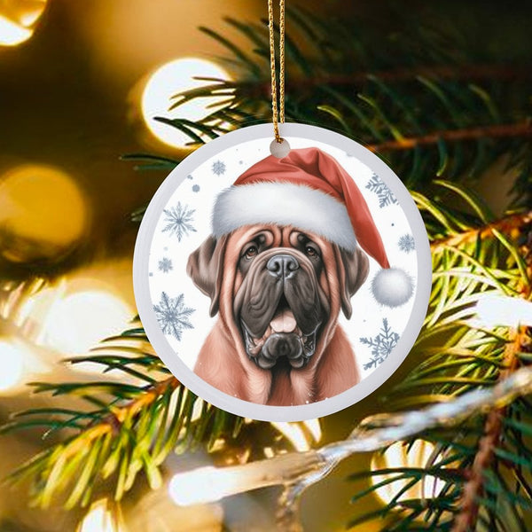 Santa Hat Puppy Ceramic Ornament, Mastiff Dog Christmas Ornament, Adorable Dog Breed Holiday Tree Ornament, Festive Xmas Pres