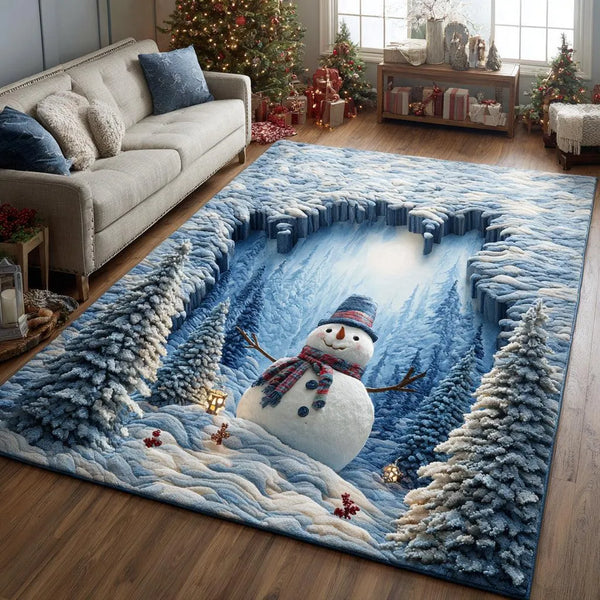 Optical Illusion Winter Area Rug, 3D Snowman Hollow Area Rug, Holiday Wonderland Floor Rug, Comfy Flannel Christmas Rug, Seas