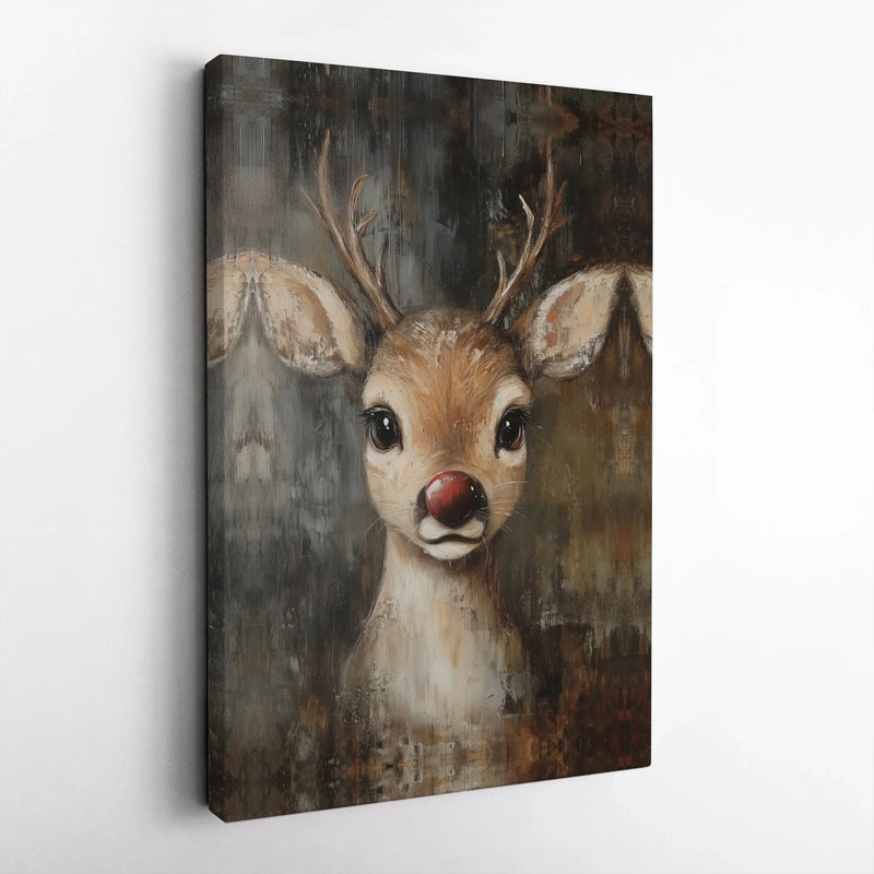 Vintage Baby Deer Canvas Print, Red Nosed Reindeer Canvas Art, Christmas Reindeer Wall Art, Holiday Deer Wall Decor, Kids Room Art Present
