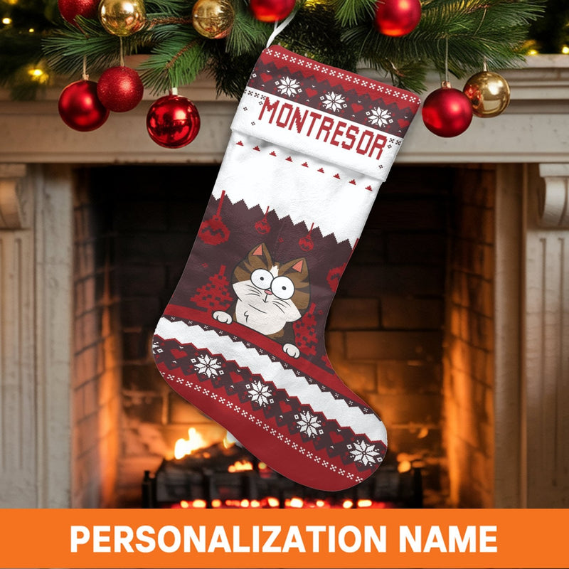Cartoon Kitten Holiday Stocking, Ugly Sweater Cat Christmas Stocking, Personalized Cat Christmas Stocking, Pet Lover Xmas Fireplace Decor
