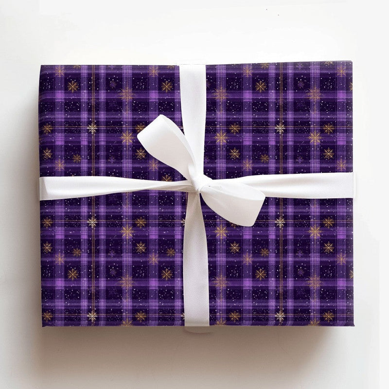 Gold Snowflake Holiday Gift Wrap, Purple Plaid Wrapping Paper, Tartan Winter Wrapping Paper, Elegant Christmas Gift Wrap Roll