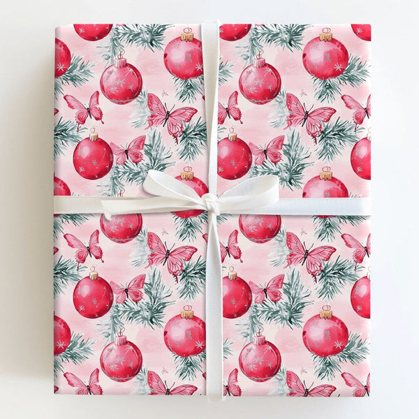 Red Ornament Gift Wrap, Pink Butterfly Christmas Wrapping Paper, Whimsical Winter Pine Present Wrap, Coquette Holiday Gift Wr