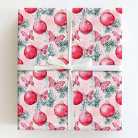 Red Ornament Gift Wrap, Pink Butterfly Christmas Wrapping Paper, Whimsical Winter Pine Present Wrap, Coquette Holiday Gift Wrapping Paper