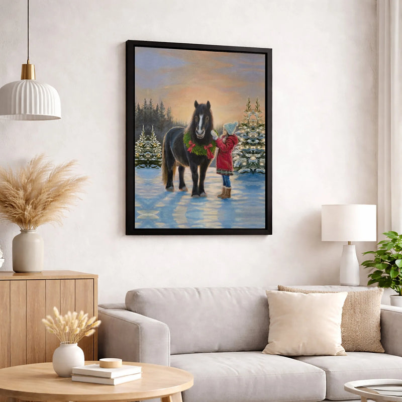 Girl Petting Horse in Snowy Forest Canvas, Horse Christmas Canvas Wall Art, Winter Equestrian Wall Decor, Holiday Season Canvas Print Present
