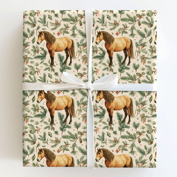 Holly and Pine Holiday Gift Wrap, Rustic Horse Christmas Wrapping Paper, Equestrian Winter Wrapping Paper, Country Woodland P