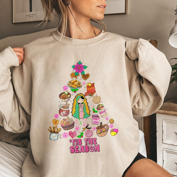 Virgin of Guadalupe Tree Crewneck, Mexican Christmas Sweatshirt, Latinx Holiday Sweater, Virgen de Guadalupe Pullover, Mexica