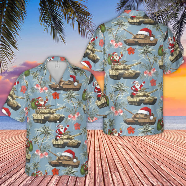 Humorous Military Holiday Aloha Shirt, Santa Tank Christmas Hawaiian Shirt, Tropical Santa Button Down Shirt, Veteran Holiday