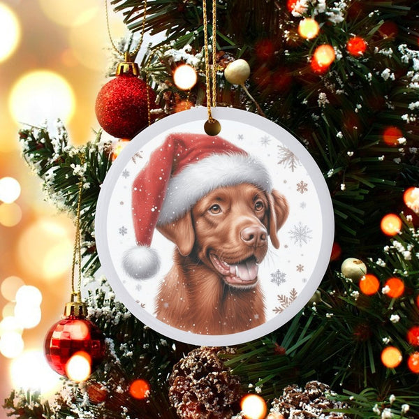 Santa Hat Dog Tree Ornament, Chocolate Labrador Christmas Ornament, Ceramic Holiday Pet Ornament, Chocolate Lab Keepsake, Dog