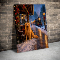 Snowy Train Station Poster, Golden Retriever Christmas Canvas Art, Vintage Steam Engine Print, Winter Dog Wall Art Digital Download