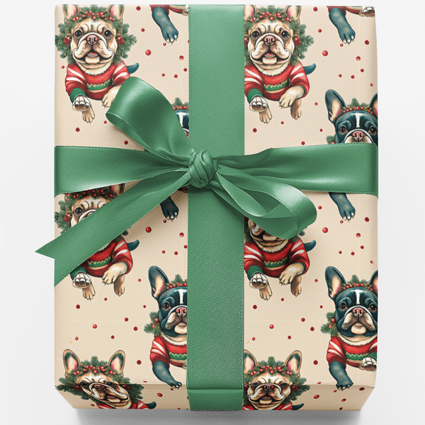 Festive Frenchie Holiday Gift Wrap Roll, French Bulldog Christmas Wrapping Paper, Dog Lover Christmas Wrapping Paper, Puppy P