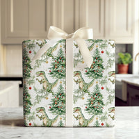 Watercolor T-Rex Gift Wrap, Dinosaur Christmas Wrapping Paper, Xmas Tree Dino Wrapping Paper, Holiday Dinosaur Gift Wrap, Festive Present Paper