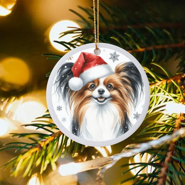 Santa Hat Dog Ornament, Papillon Christmas Ornament, Festive Puppy Tree Ornament, Ceramic Pet Keepsake, Holiday Present for D