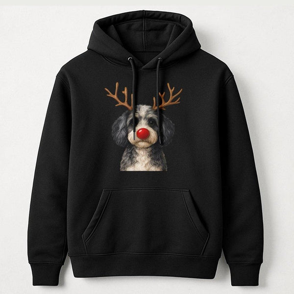 Humorous Red Nose Rudolph Puppy Hooded Sweatshirt, Christmas Reindeer Dog Hoodie, Adorable Winter Holiday Pet Sweater, Xmas D