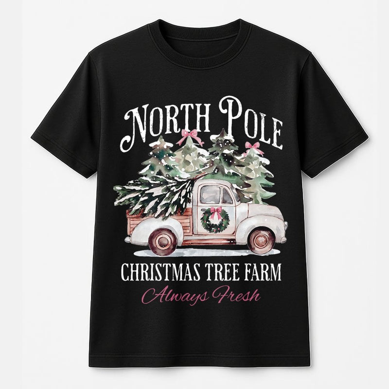 Vintage Truck Holiday Graphic Tee, North Pole Christmas Tree Farm T-Shirt, Christmas Tree Farm Shirt, Rustic Winter T-Shirt, Festive Present