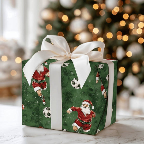 Dark Green Sports Gift Wrap, Soccer Santa Christmas Wrapping Paper, Holiday Soccer Wrapping Paper, Football Coach Athlete Gif