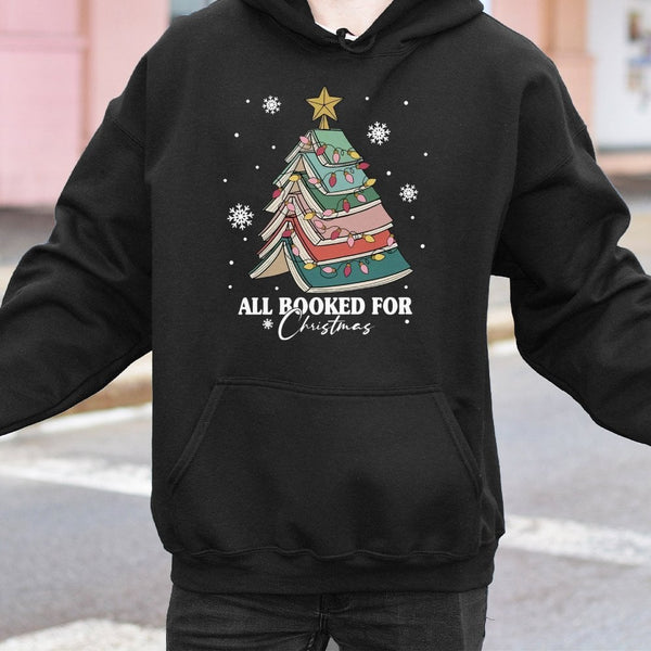 Book Tree Holiday Pullover, All Booked for Christmas Hoodie, Comfy Book Lover Hooded Sweatshirt, Bookish Xmas Graphic Hoodie,