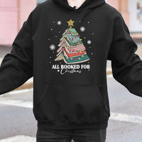 Book Tree Holiday Pullover, All Booked for Christmas Hoodie, Comfy Book Lover Hooded Sweatshirt, Bookish Xmas Graphic Hoodie, Reader Present