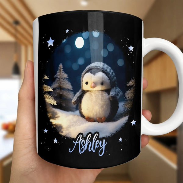Custom Name Adorable Winter Animal Ceramic Mug, Personalized Penguin Mug, Holiday Coffee Mug, Adorable Christmas Penguin Cup 