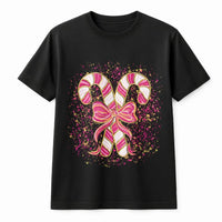 Coquette Bow Graphic Tee, Pink Candy Cane Christmas T-Shirt, Preppy Holiday Shirt, Adorable Aesthetic Xmas Graphic T-Shirt, Present for Women