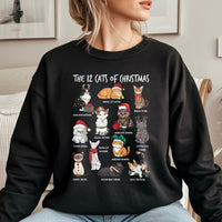 Humorous Holiday Cat Lover Sweatshirt, 12 Cats of Christmas Sweatshirt, Festive Kitten Xmas Crewneck, Adorable Pet Graphic Sweatshirt, Cat Mom Present