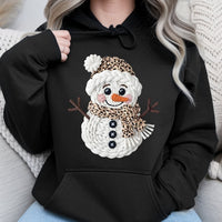 Faux Yarn Knitted Christmas Sweatshirt, Leopard Print Snowman Hoodie, Winter Snowman Graphic Hoodie, Adorable Holiday Snowman Pullover Present