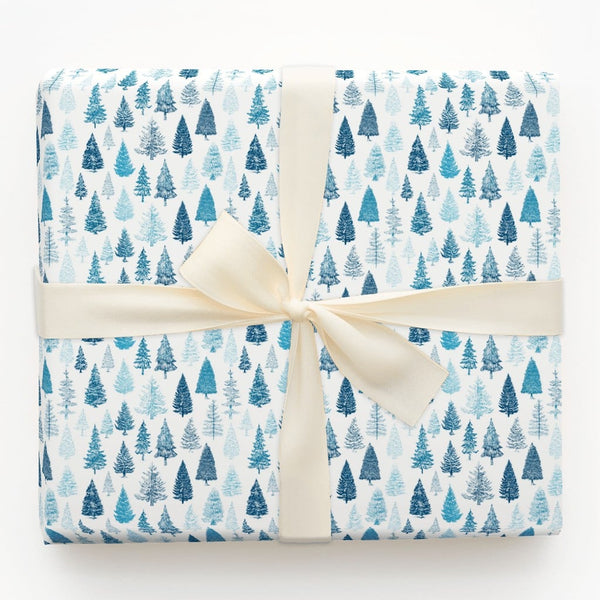 Winter Forest Holiday Gift Wrap, Blue Pine Tree Christmas Wrapping Paper, Botanical Evergreen Wrapping Paper Roll, Rustic Pre