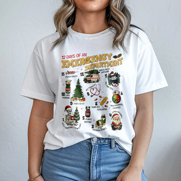 Humorous ER Nurse Christmas Tee, 12 Days of Emergency Department T-Shirt, Medical Staff Holiday Graphic Shirt, Hospital Docto