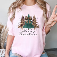 Coquette Bow Holiday Tee, Leopard Print Christmas Tree T-Shirt, Adorable Preppy Xmas Graphic Shirt, Girly Tis the Season Top