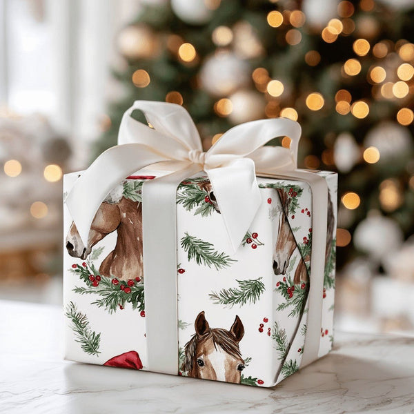 Watercolor Equestrian Gift Wrap, Christmas Horse Wrapping Paper, Santa Hat Horse Wrapping Paper, Farm Animal Christmas Wrappi