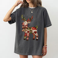 Patchwork Reindeer Shirt, Christmas Reindeer T-Shirt, Festive Holiday Graphic Tee, Adorable Reindeer T-Shirt, Xmas Family Present for Women