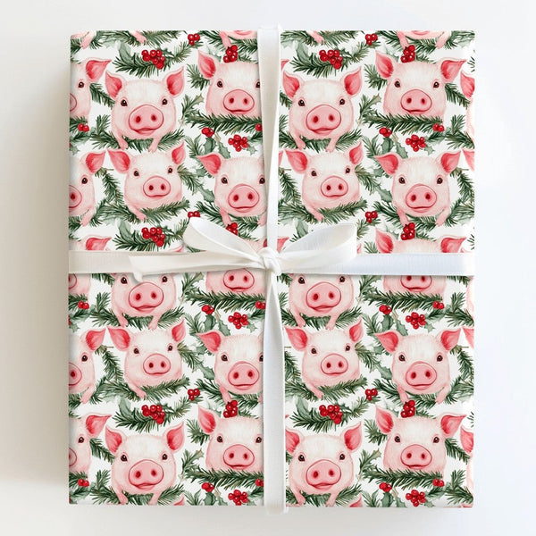 Adorable Holiday Animal Gift Wrap, Watercolor Christmas Pig Wrapping Paper, Holly Pine Wreath Wrapping Paper Roll, Festive Fa