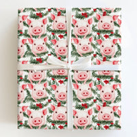 Adorable Holiday Animal Gift Wrap, Watercolor Christmas Pig Wrapping Paper, Holly Pine Wreath Wrapping Paper Roll, Festive Farm Pig Gift Wrap