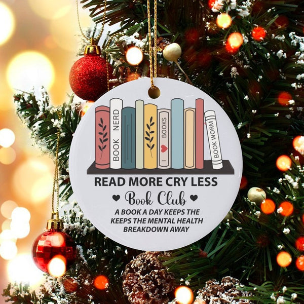 Book Lover Bookshelf Ornament, Read More Cry Less Christmas Ornament, Ceramic Reading Tree Ornament, Humorous Bookish Decor, 