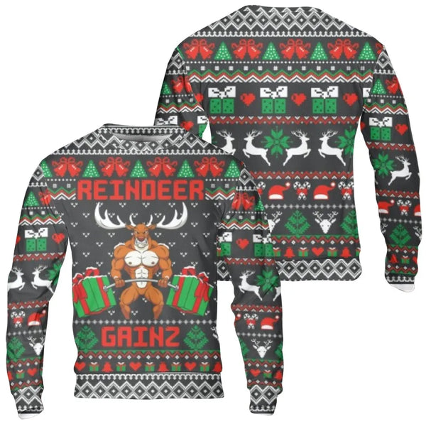 Weightlifting Ugly Sweater, Buff Reindeer Christmas Sweatshirt, Humorous Fitness Holiday Sweatshirt, Bodybuilder Xmas Pullove