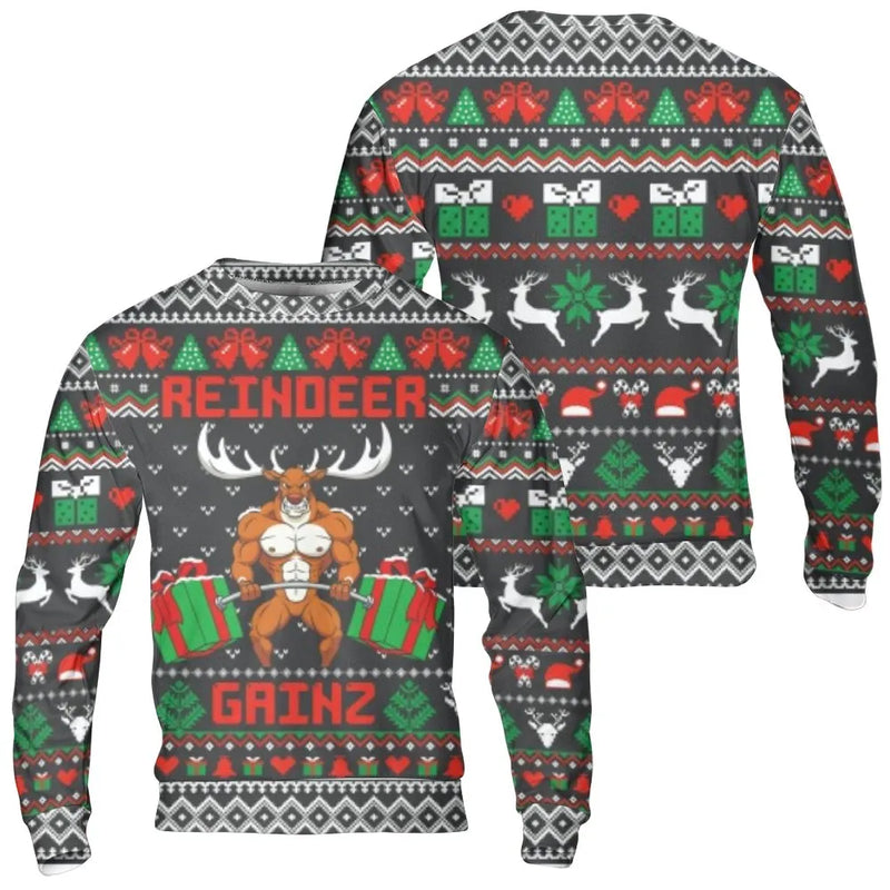 Weightlifting Ugly Sweater, Buff Reindeer Christmas Sweatshirt, Humorous Fitness Holiday Sweatshirt, Bodybuilder Xmas Pullover, Gym Sweatshirt