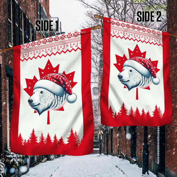 Santa Hat Polar Bear Holiday Flag, Christmas Bear Canadian Flag Garden Flag, Double-Sided Canada Maple Leaf Yard Flag, Winter