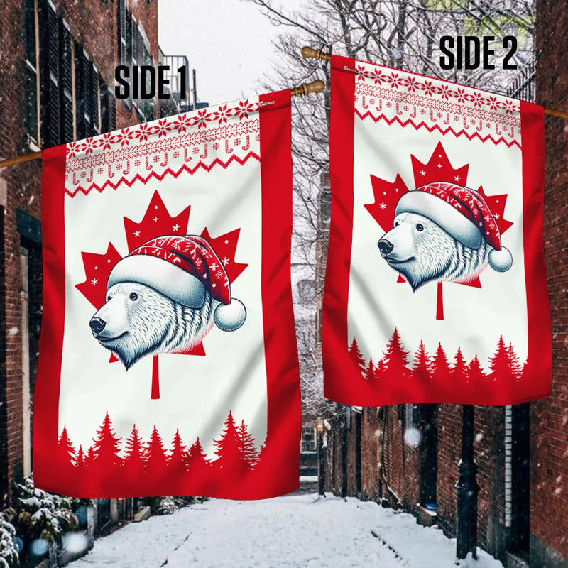 Santa Hat Bear Holiday Flag, Polar Bear Christmas Canadian Flag Garden Flag, Double-Sided Canada Flag, Winter Yard Lawn Decor Present