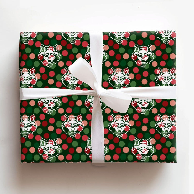 Festive Wolf Holiday Gift Wrap, Wolf Mascot Christmas Wrapping Paper, Sports Fan Wolf Present Wrap, Red and Green Mascot Wrapping Paper