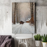 Snowy Cabin Landscape Painting Print, Winter Horse Drawn Sleigh Wall Art, Rustic Christmas Holiday Poster, Digital Download