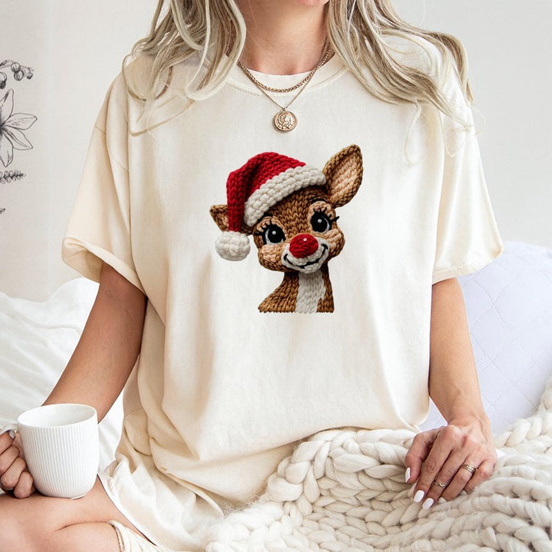 Adorable Crochet Reindeer T-Shirt, Reindeer Christmas Shirt, Holiday Graphic Tee, Festive Winter Reindeer Top, Xmas Present for Women and Men