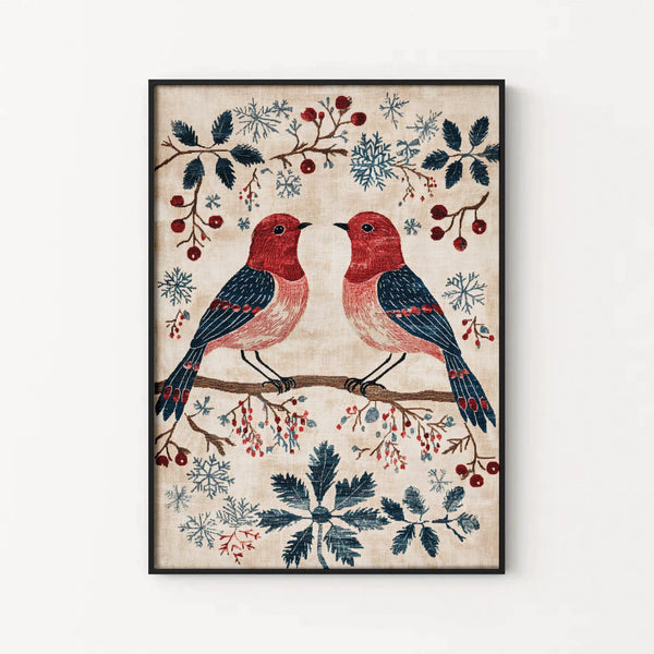 Folk Art Tapestry Print, Vintage Winter Birds Poster, Rustic Snowflakes Bird Wall Art, Scandinavian Christmas Decor