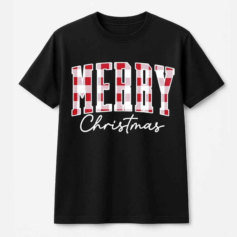 Retro Holiday Plaid Graphic Tee, Buffalo Plaid Merry Christmas T-Shirt, Festive Winter Season Shirt, Adorable Xmas Buffalo Check T-Shirt