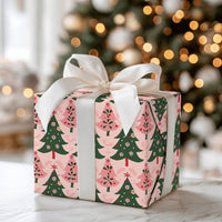 Modern Pastel Gift Wrap, Pink Christmas Tree Wrapping Paper, Green Tree Pattern Wrapping Paper, Adorable Xmas Gift Wrap, Holiday Wrapping Paper