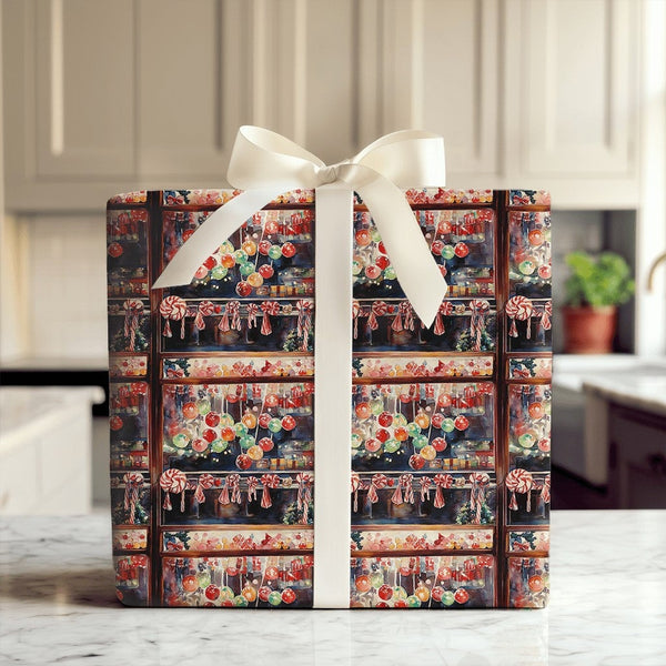 Vintage Christmas Peppermint Gift Wrap, Watercolor Candy Shop Wrapping Paper, Holiday Sweets Wrapping Paper, Retro Candy Cane