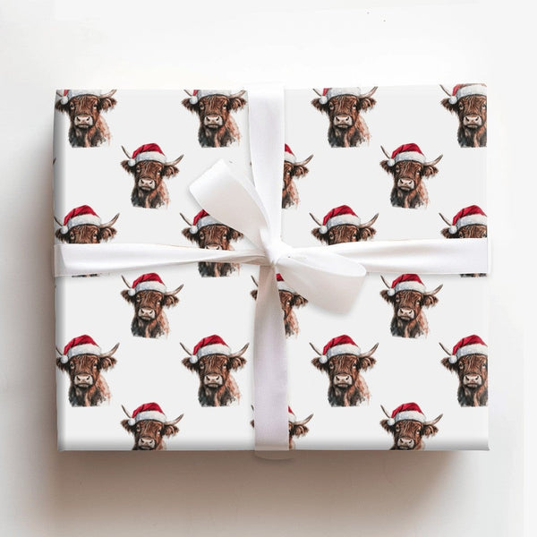 Santa Hat Farmhouse Gift Wrap Roll, Highland Cow Christmas Wrapping Paper, Rustic Cattle Holiday Wrapping Paper, Western Wint