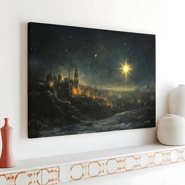 Snowy City Night Christmas Canvas Print, Star of Bethlehem Canvas Art, Religious Holiday Wall Decor Canvas, Winter Christian 