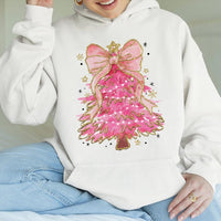 Coquette Bow Aesthetic Holiday Sweatshirt, Pink Christmas Tree Hoodie, Adorable Xmas Tree Graphic Hoodie, Trendy Winter Holiday Hoodie Present
