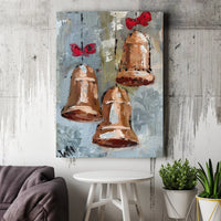 Painted Copper Ornaments Canvas, Christmas Bells Canvas Wall Art, Festive Red Bow Canvas Print, Holiday Wall Art, Christmas Home Decor Present
